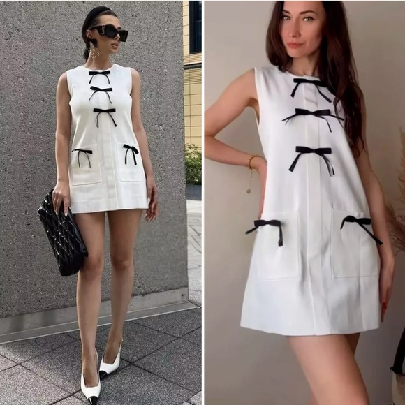 🦋 Bloggers Favorite🦋 Zara Knit Mini Dress With Contrasting Bows - Picture 2 of 7
